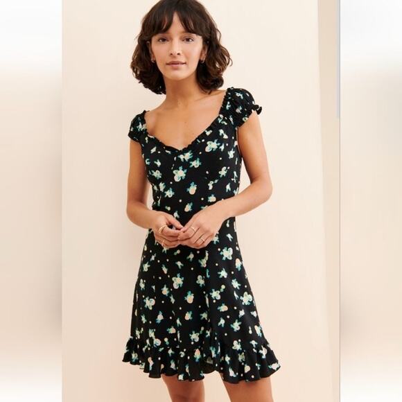 Free People NWT Like a Lady Linen Blend Mini Dress Black Lemon Print Size Small - Picture 1 of 12